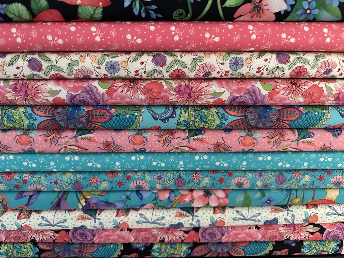 Glorious Garden collection for Quilting Treasures Forest of Plenty on Black 100% Cotton