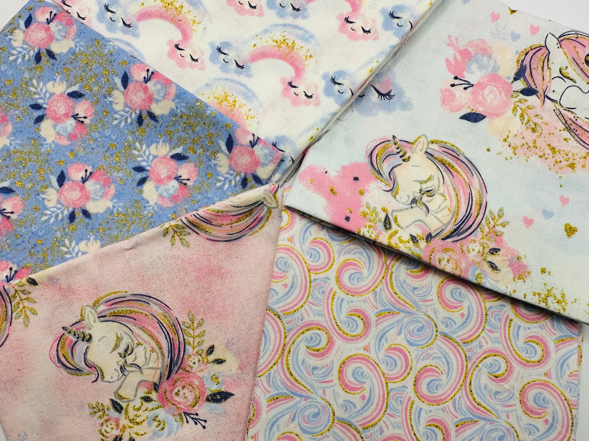 Unicorn Utopia Unicorns Rainbows &amp; Clouds By 3 Wishes Fat Quarter Bundle 100% Cotton