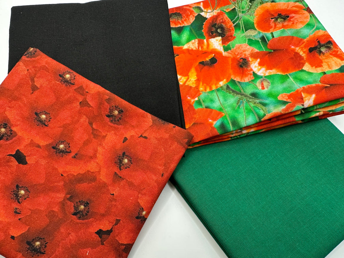 Bright Poppies &amp; Plain Mix Fat Quarter Bundle 100% Cotton