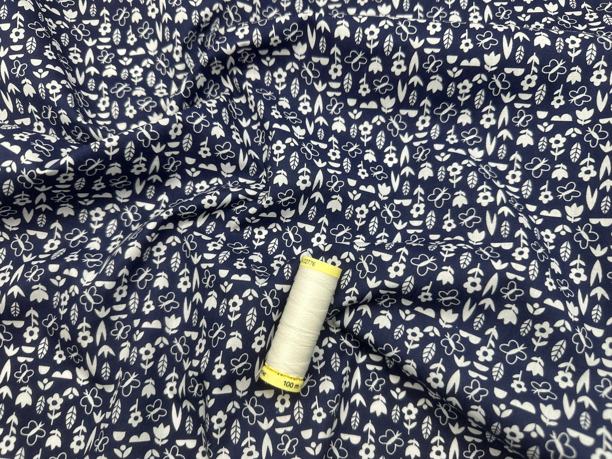 Flower Garden Navy &amp; White Poly Cotton