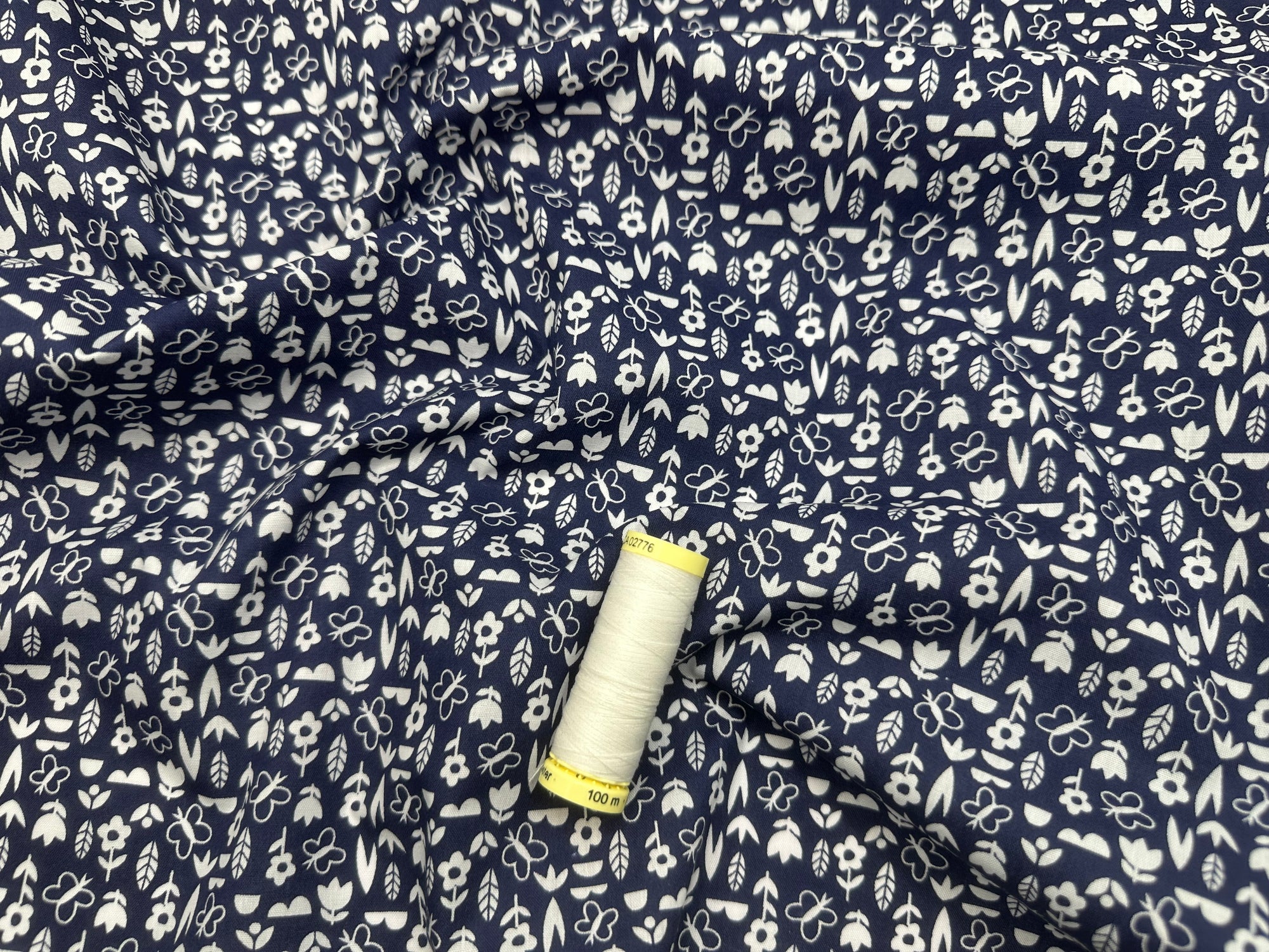 Flower Garden Navy & White Poly Cotton