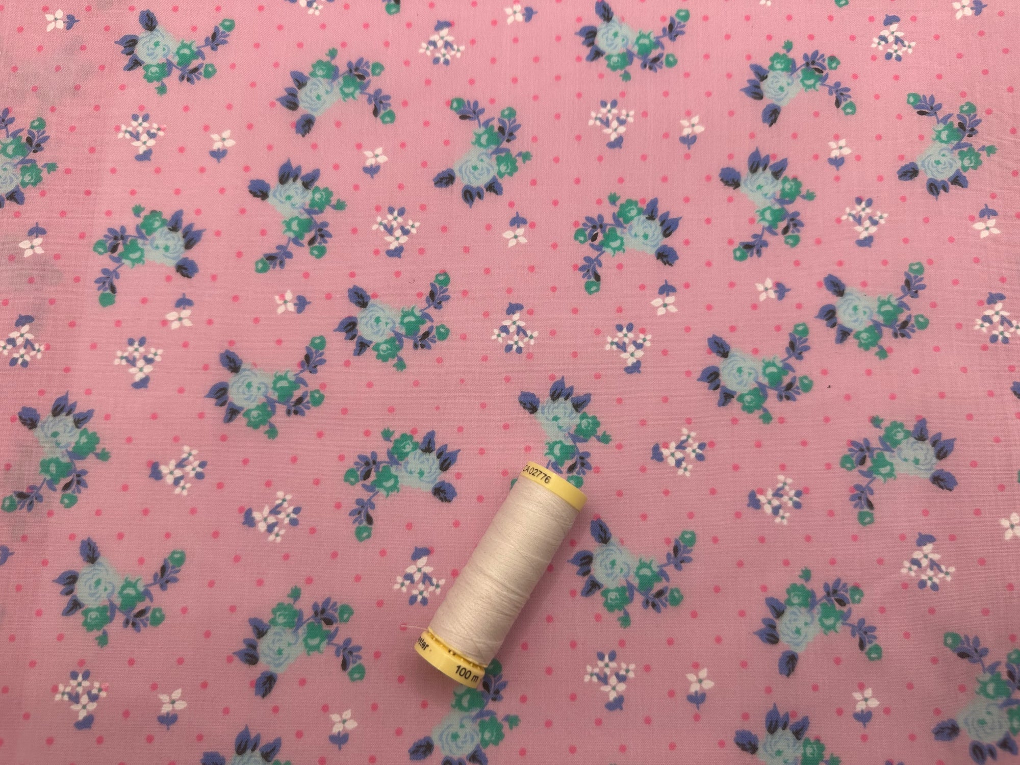 Pretty Little Vintage Roses & Pin Spots on Pink Poly Cotton