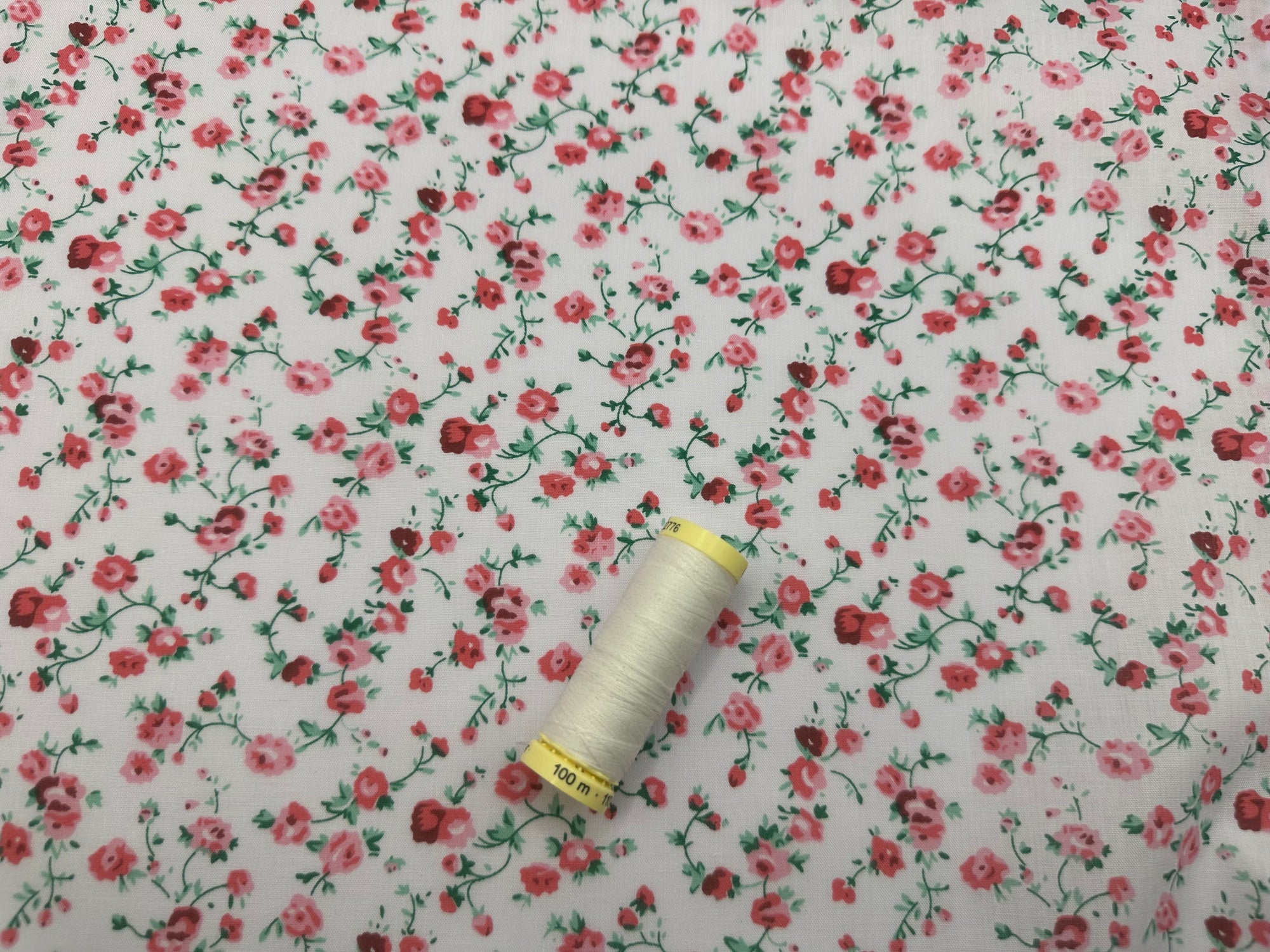 Floral Ditsy Print Pink on White Poly Cotton