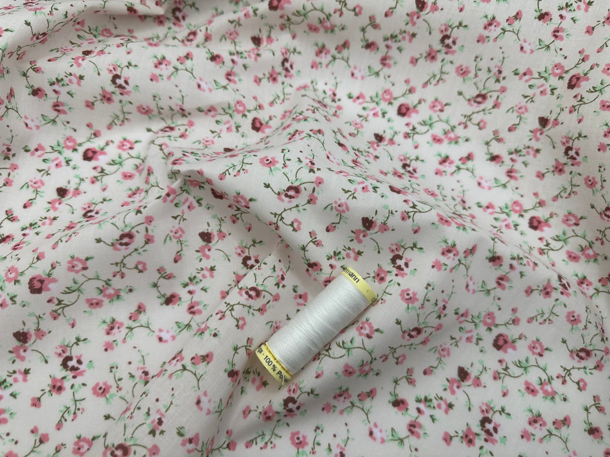 Floral Ditsy Print Pink on Cream Poly Cotton