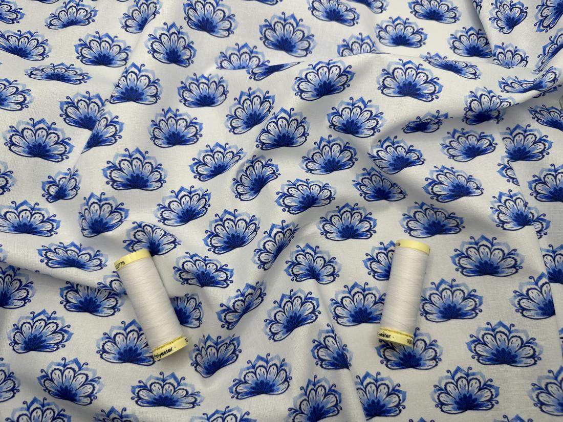 All About Blues Flower Buds Blue &amp; White Mix 100% Cotton