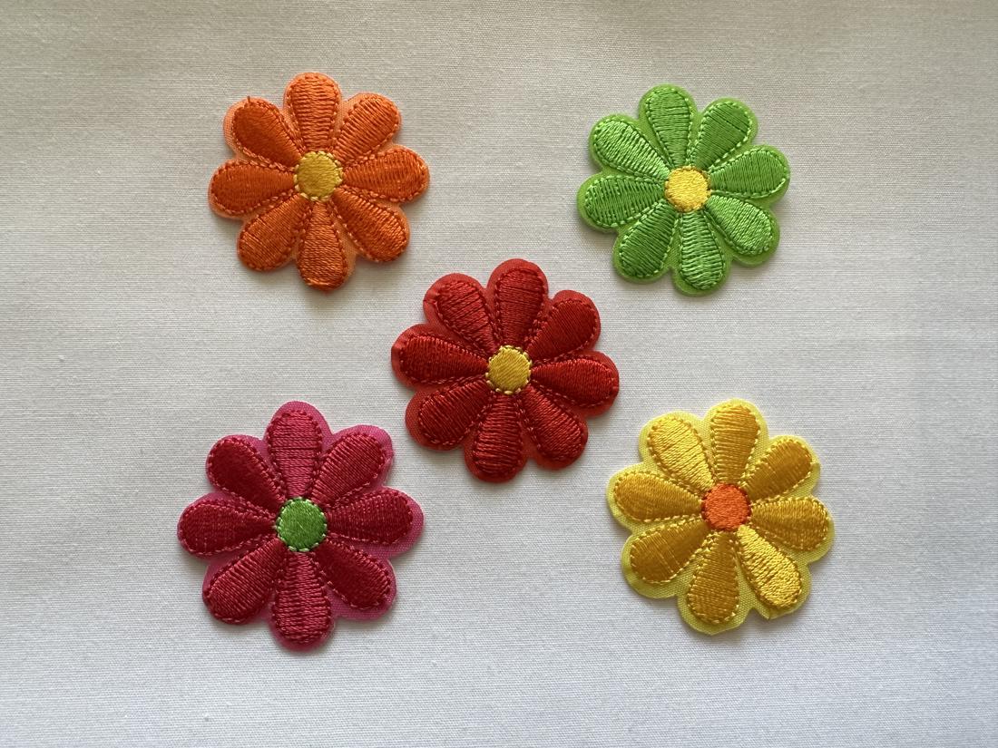 Daisies Yellow Green Red Cerise & Orange Iron On or Sew on Embroidered Fabric Motif