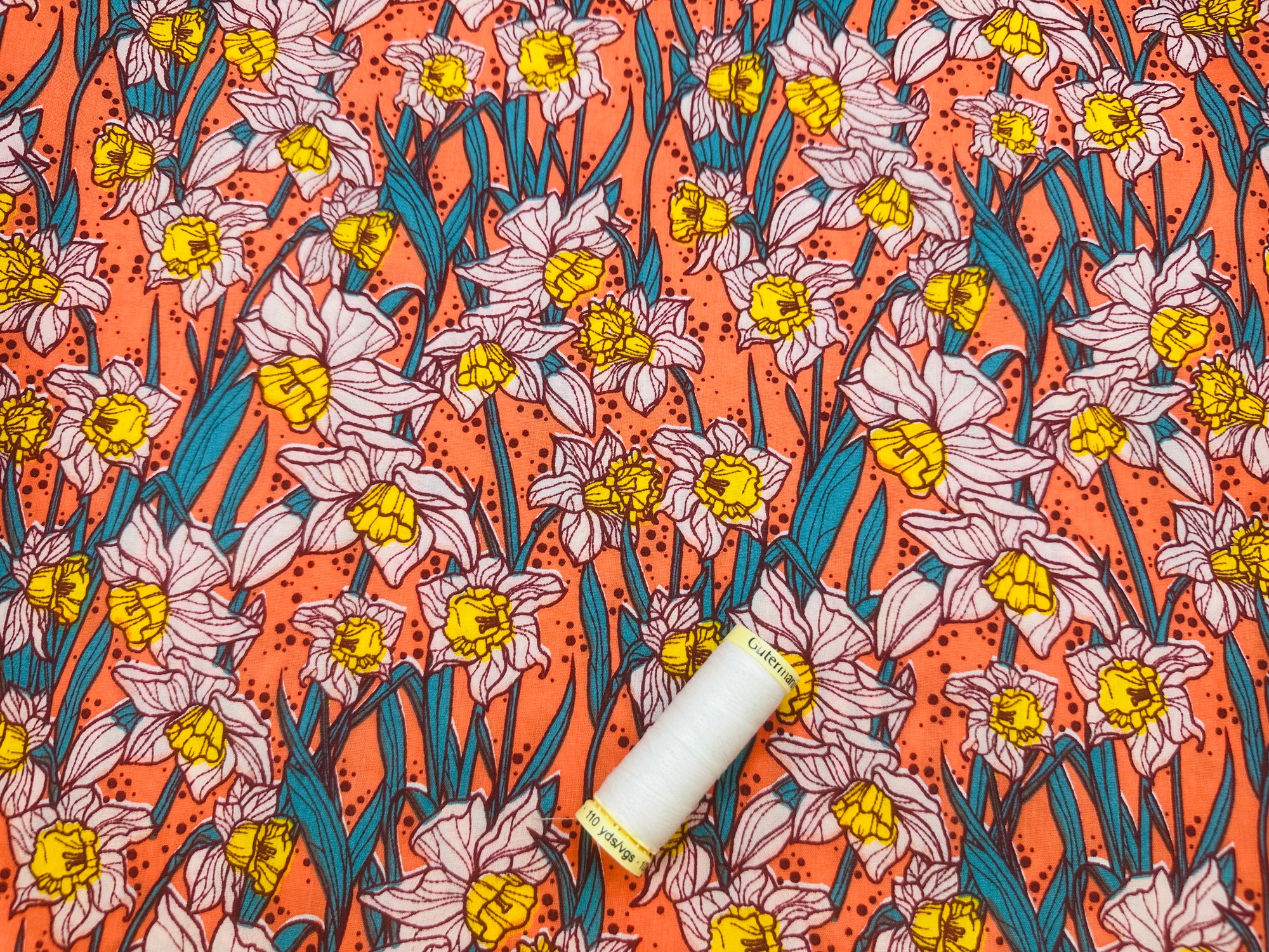 Bright Colorful Daffodils on Orange Poly Cotton