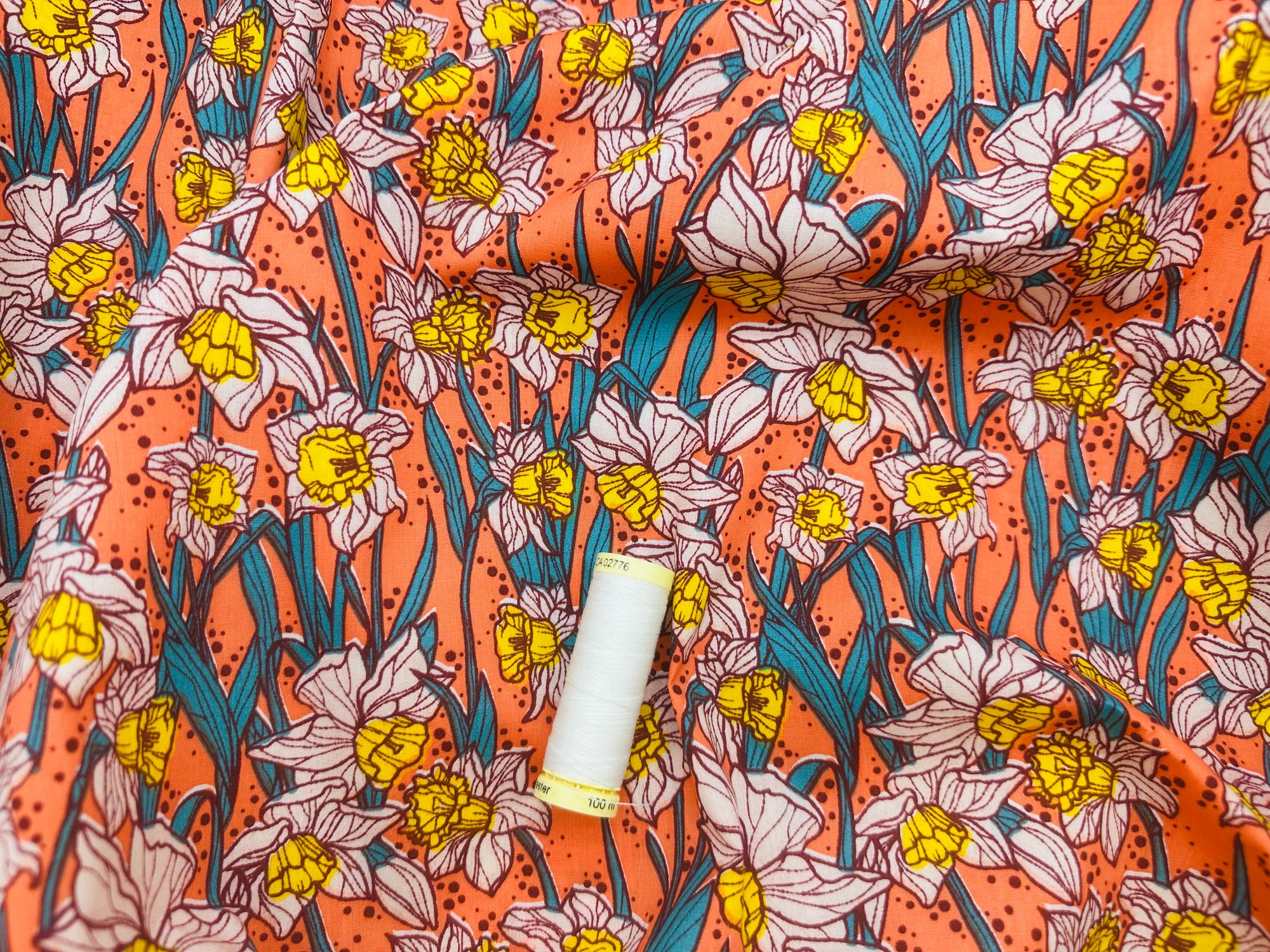 Bright Colorful Daffodils on Orange Poly Cotton