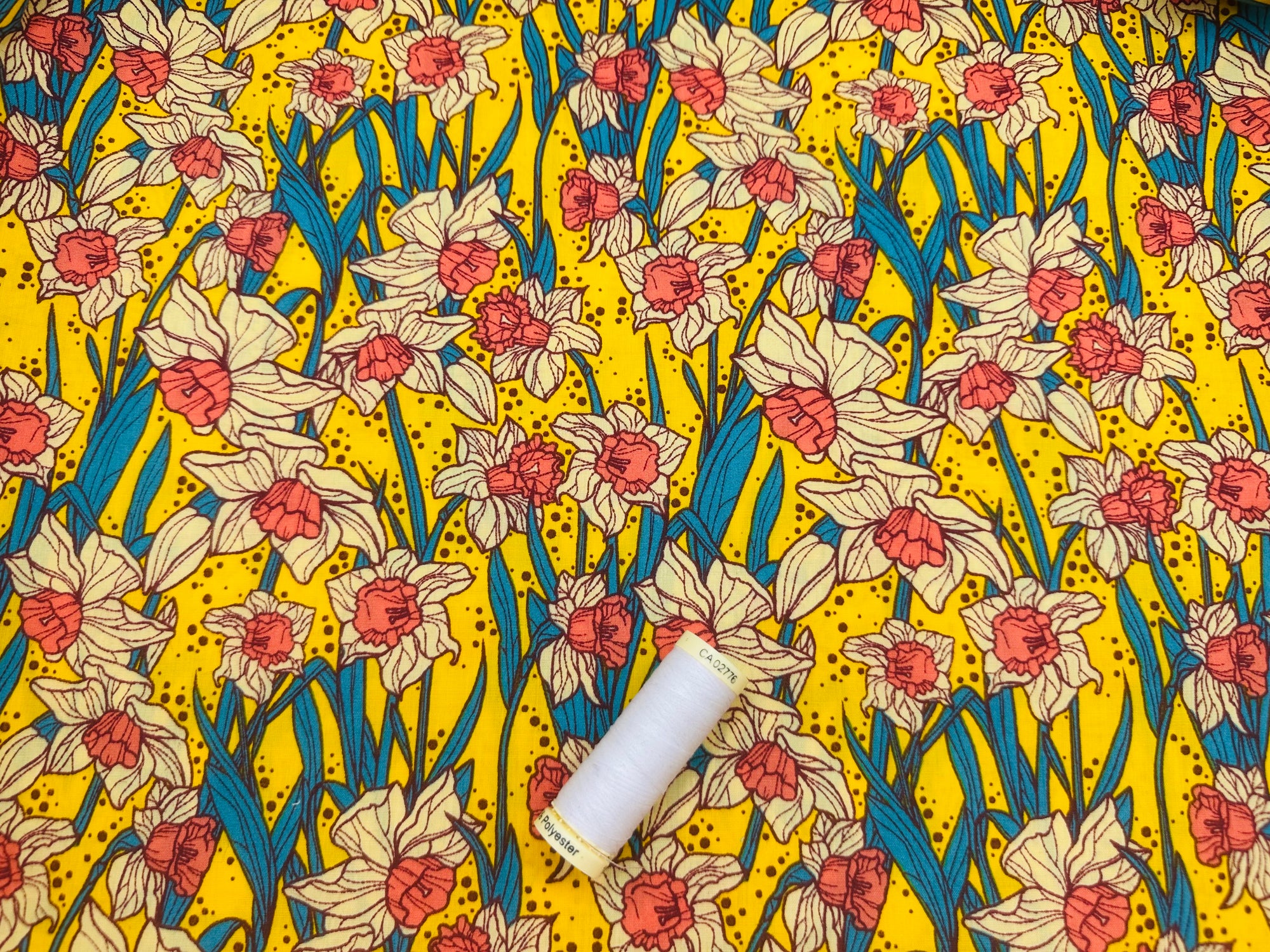 Bright Colorful Daffodils on Yellow Poly Cotton