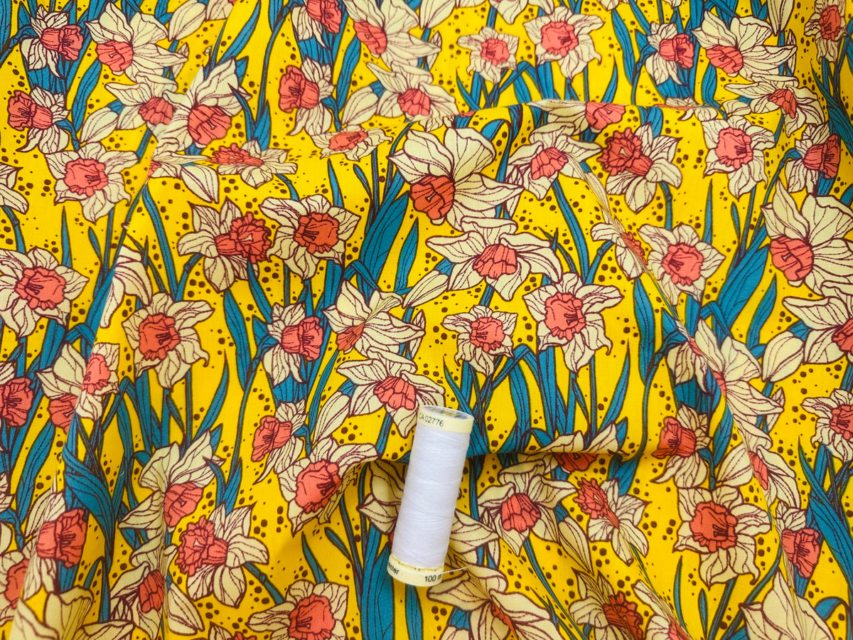 Bright Colorful Daffodils on Yellow Poly Cotton