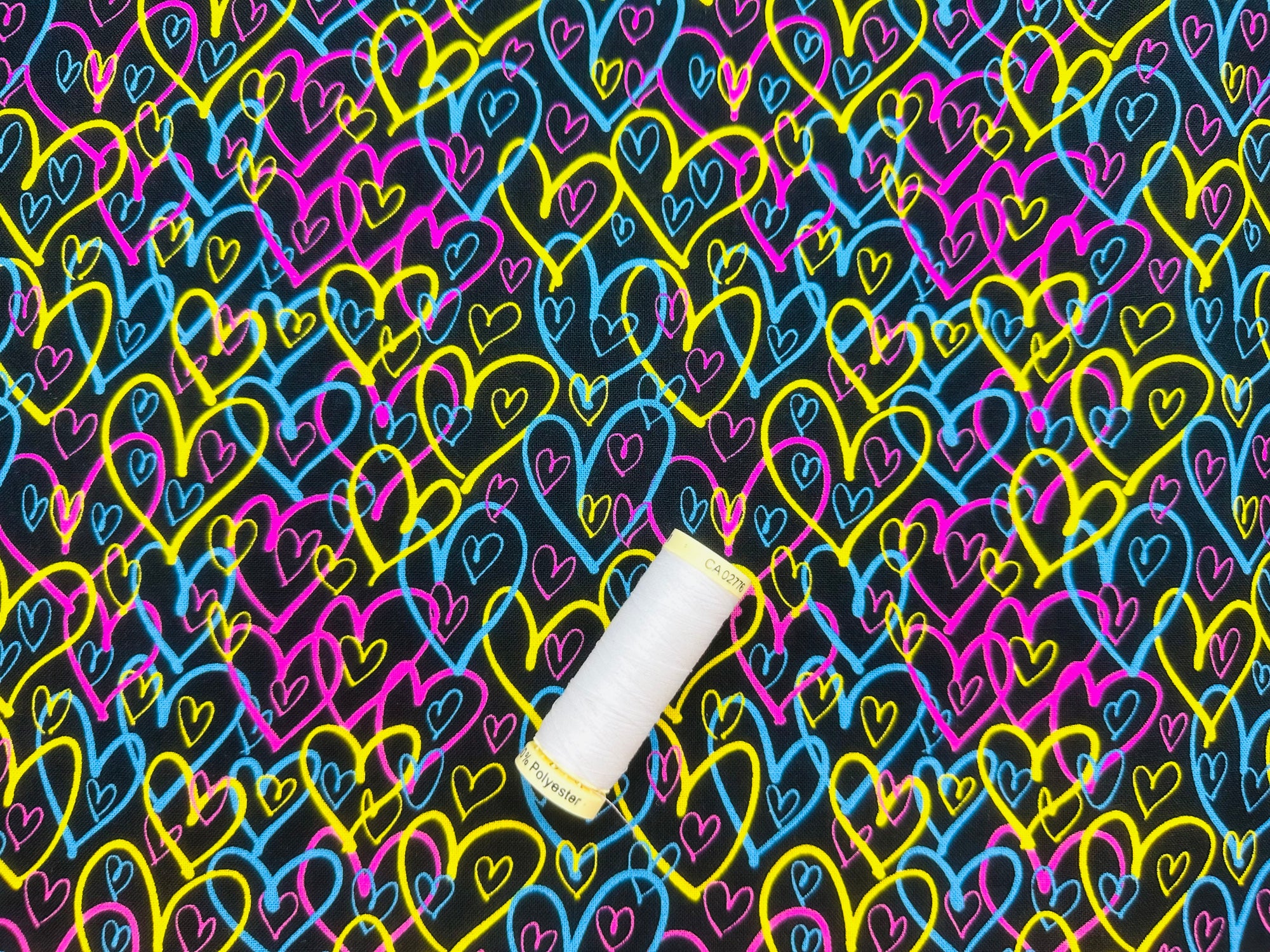 Heart Scribbles Multi Color on Black 100% Cotton Digitally Printed