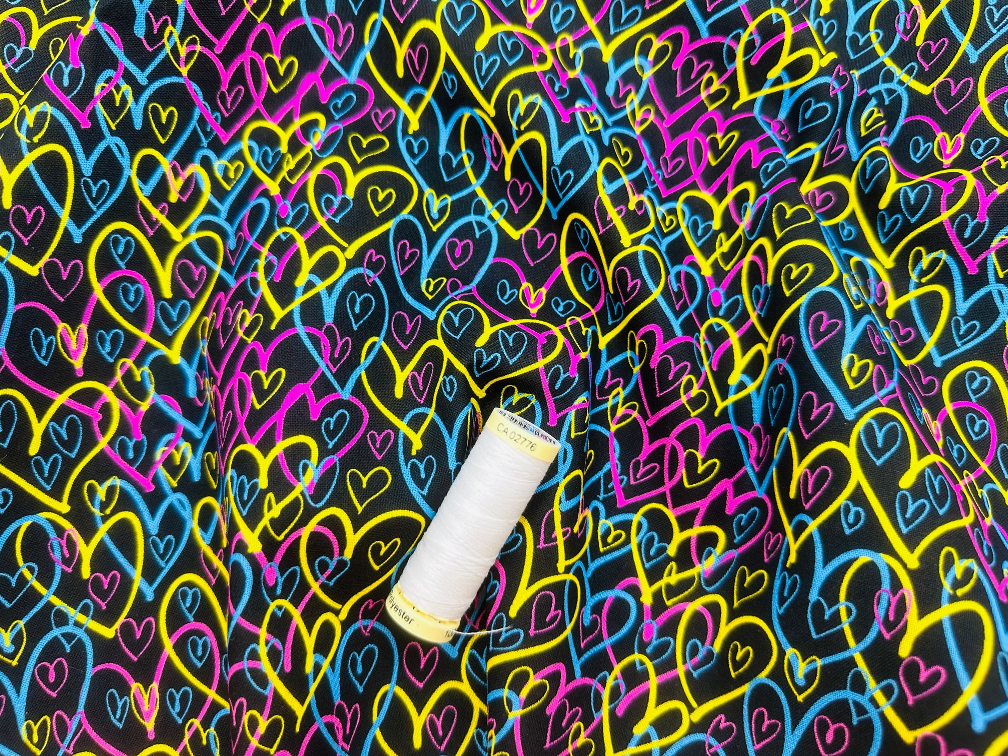 Heart Scribbles Multi Color on Black 100% Cotton Digitally Printed