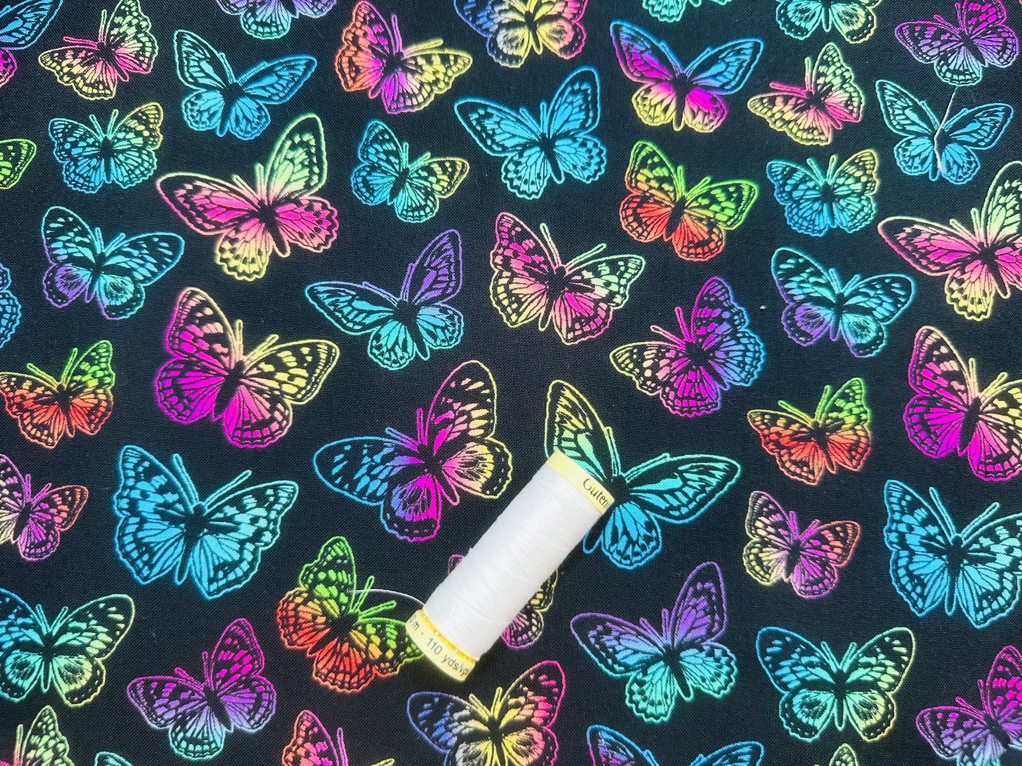 Butterflies Multi Color on Black 100% Cotton Digitally Printed