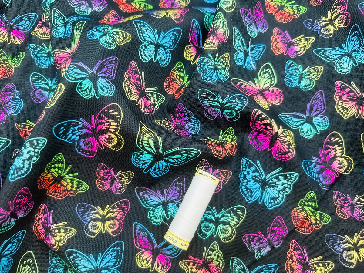 Butterflies Multi Color on Black 100% Cotton Digitally Printed
