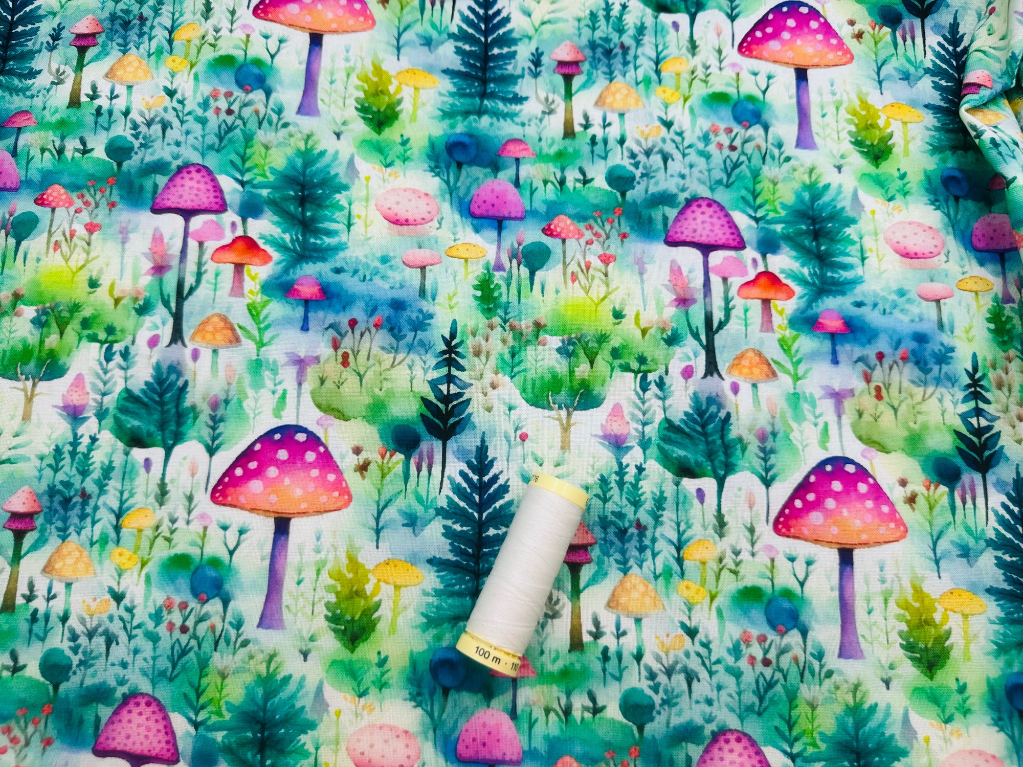 Mushroom Forest Multi Color on Ivory 100% Cotton Digitally Printed