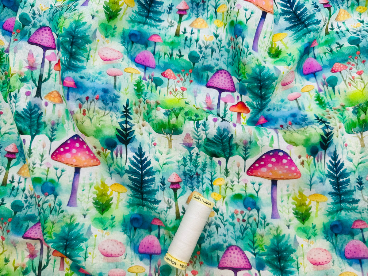 Mushroom Forest Multi Color on Ivory 100% Cotton Digitally Printed