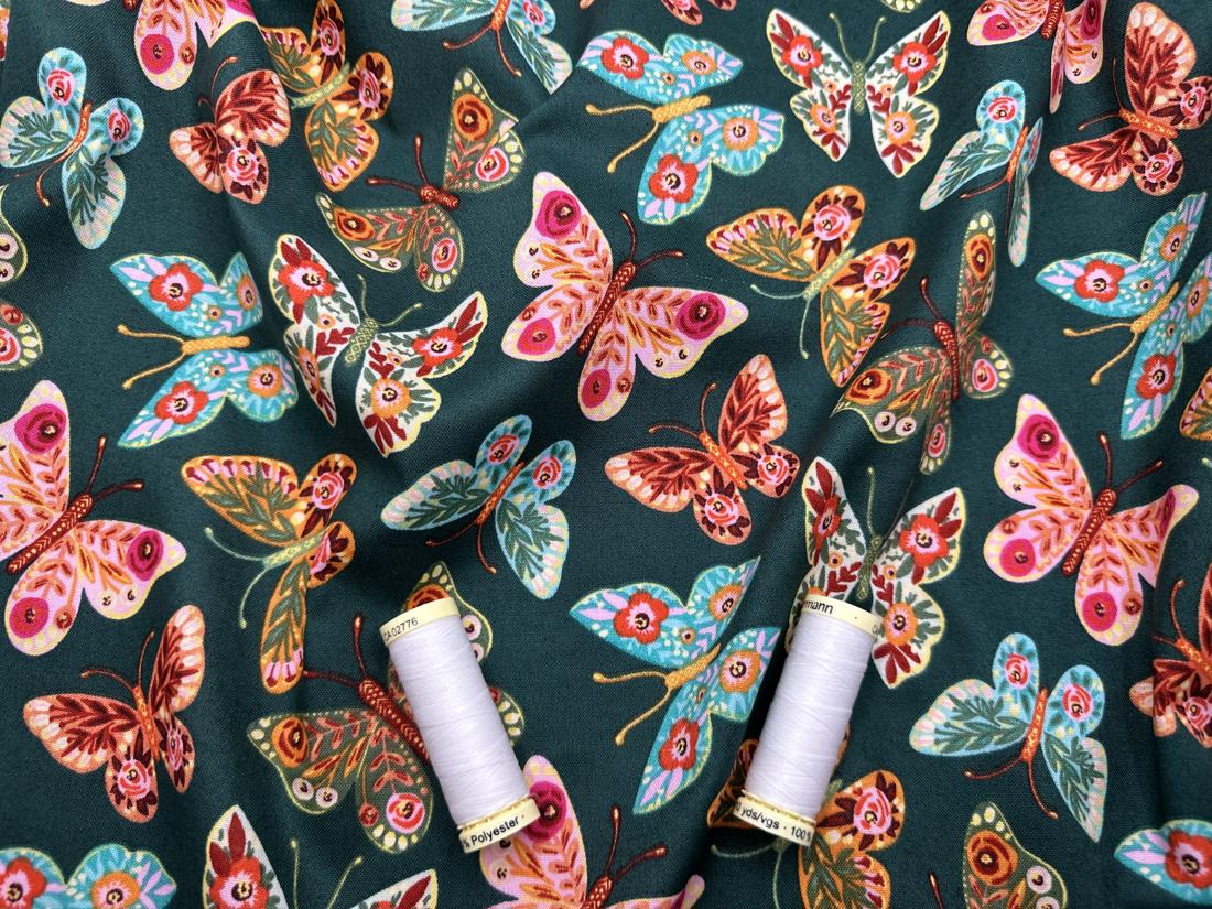 Folk Flora by Caroline Alfred for 3 Wishes Tossed Butterflies 100% Premium Cotton