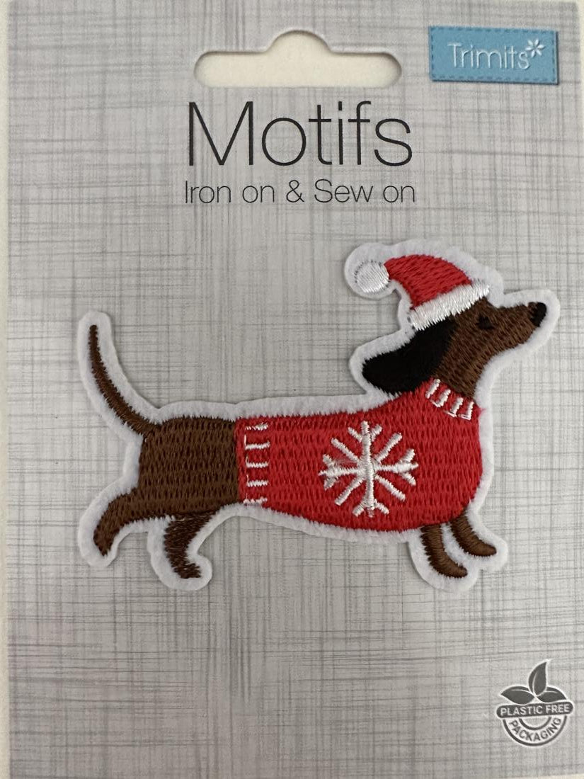 Christmas Dachshund Iron On or Sew on Embroidered Fabric Motif