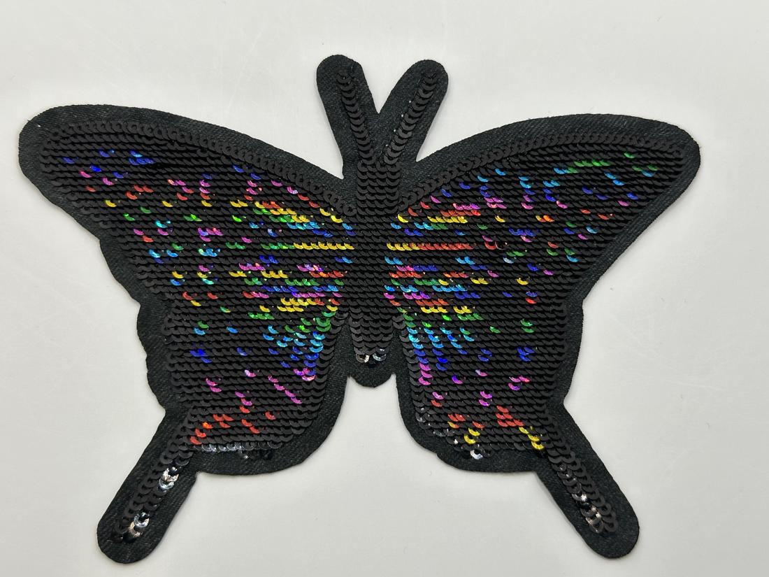 Multi Color Butterfly on Black Iron On or Sew on Embroidered Fabric Motif