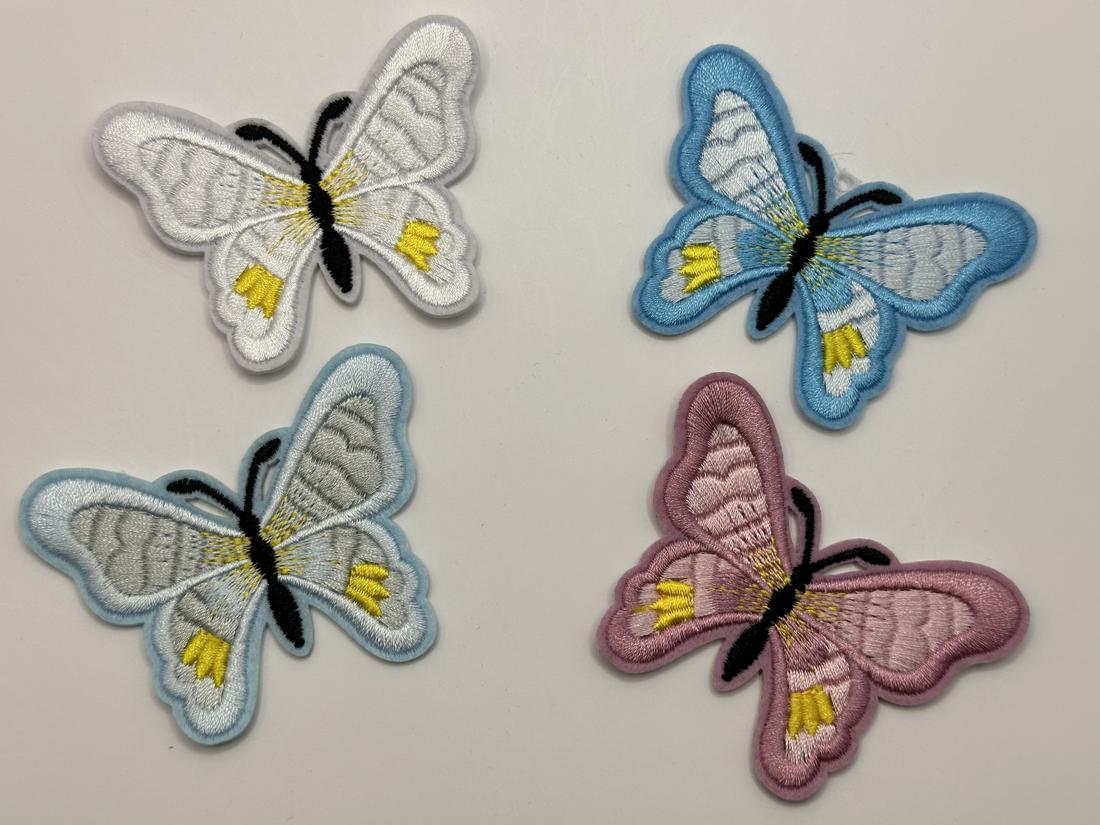 Pastel Butterflies White Aqua Sky &amp; Pink Iron On or Sew on Embroidered Fabric Motif