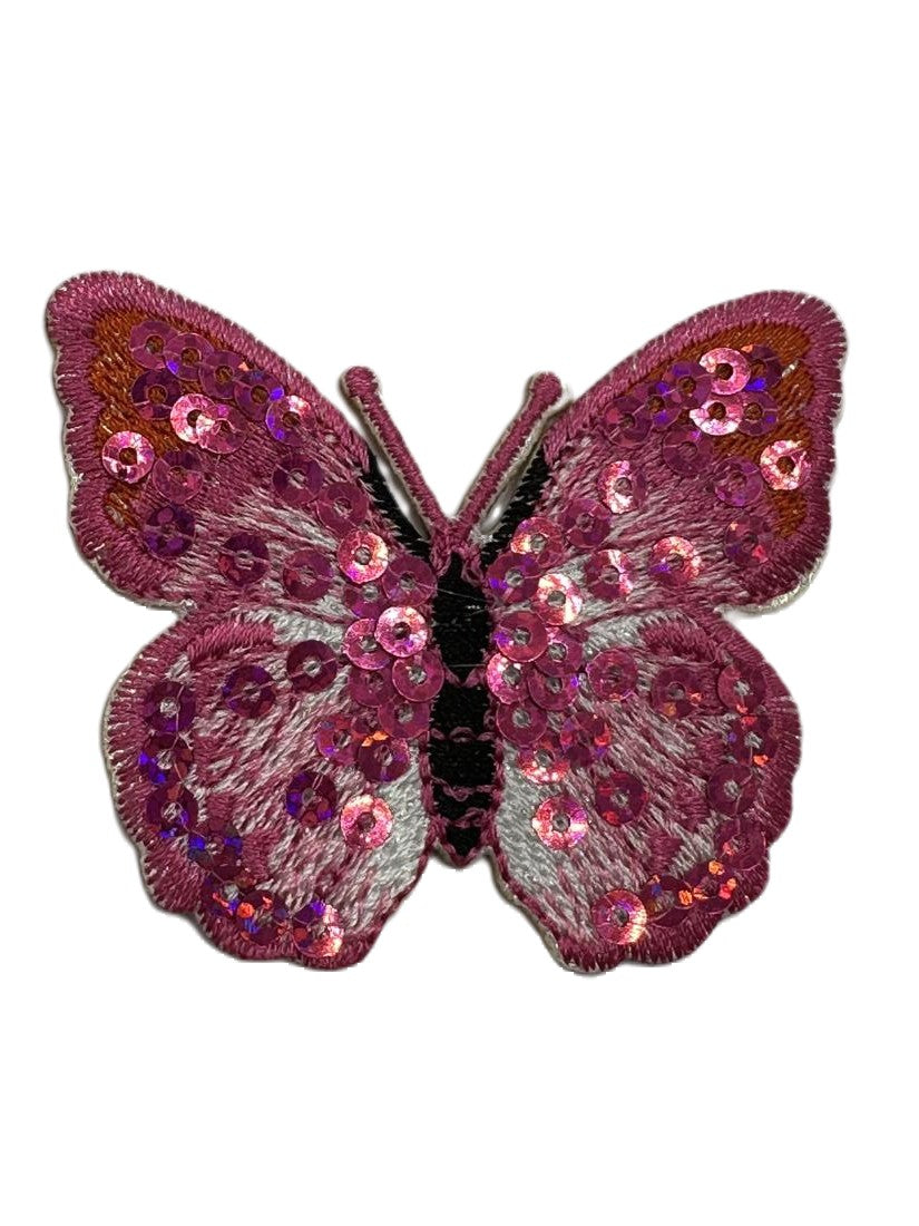 Pink Sequin Butterfly Iron On or Sew on Embroidered Fabric Motif