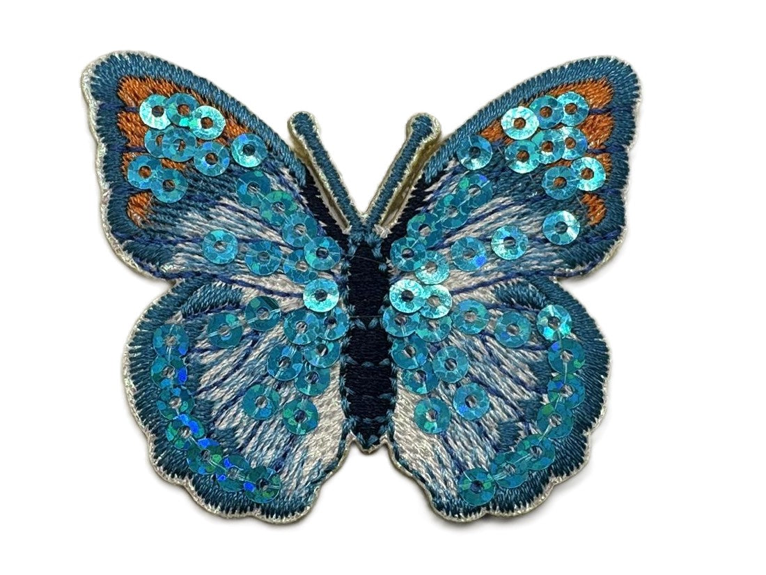 Blue Sequin Butterfly Iron On or Sew on Embroidered Fabric Motif