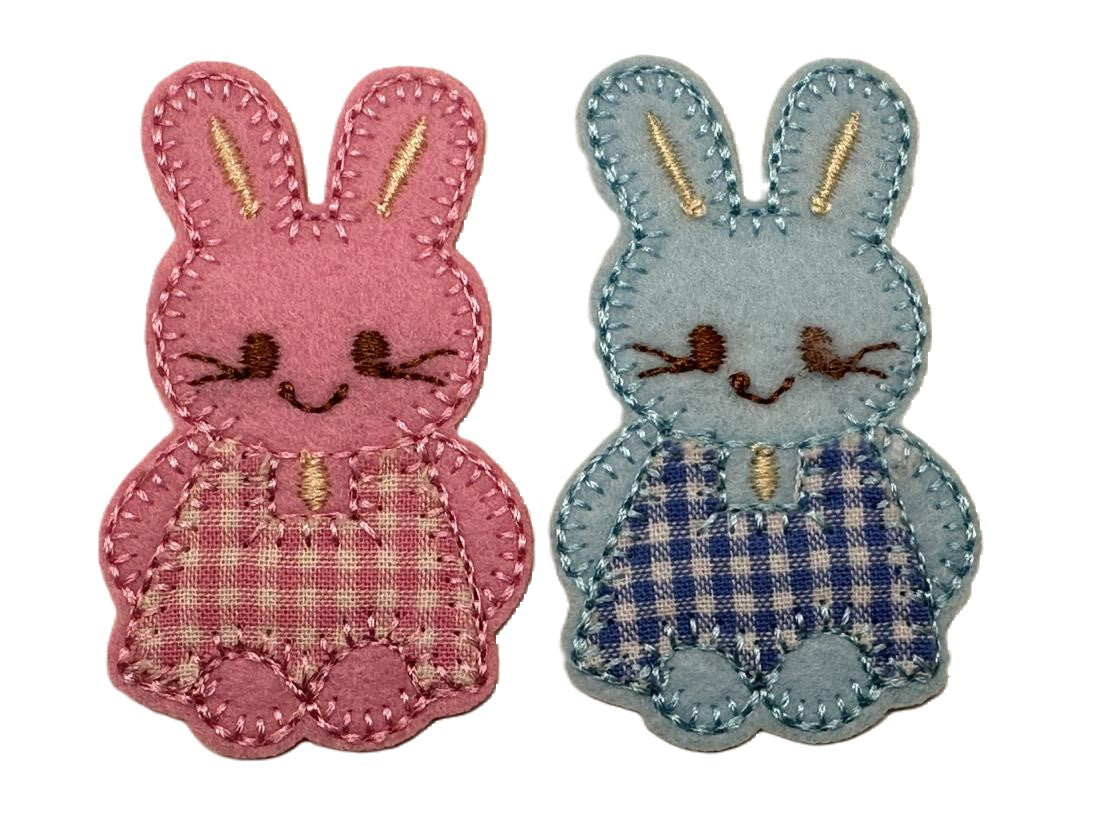 Pink &amp; Blue Checked Bunnies Iron On or Sew on Embroidered Fabric Motif