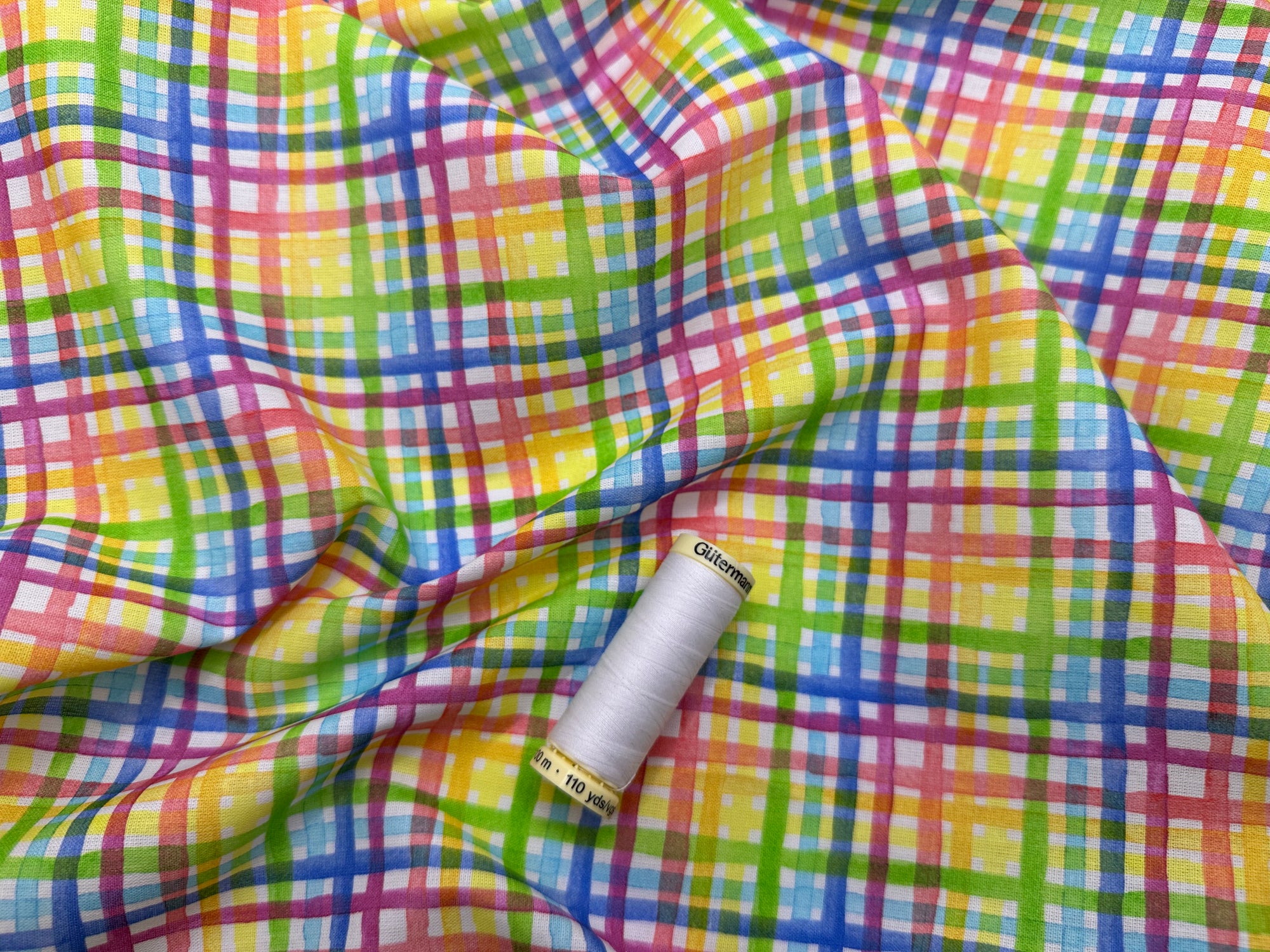 Rainbow Grid Check Bright Multi Colors 100% Cotton Digital Print