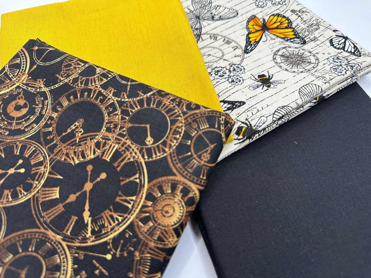 Victorian Steampunk Clocks &amp;amp; Butterflies Fat Quarter Bundle 100% Cotton