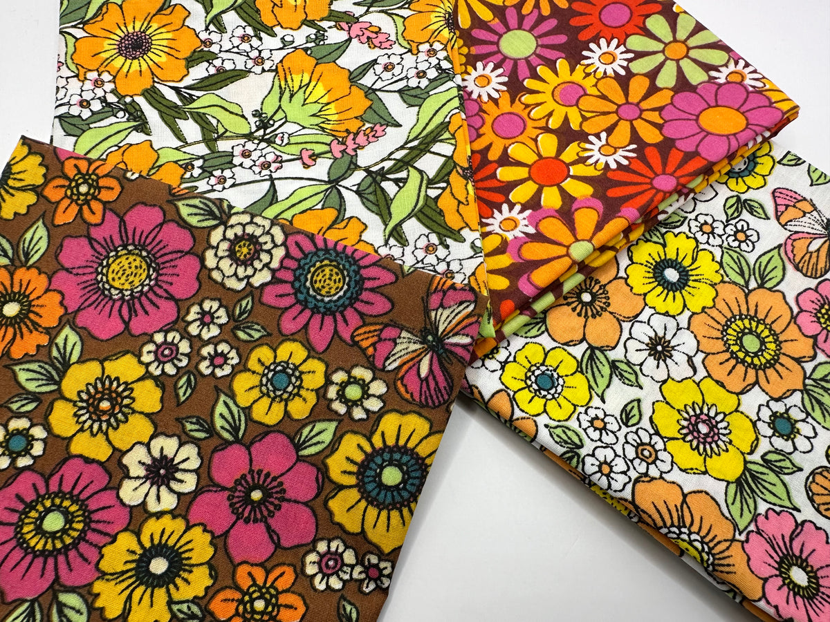 Retro Floral &amp; Butterfly Mix Fat Quarter Bundle Poly Cotton