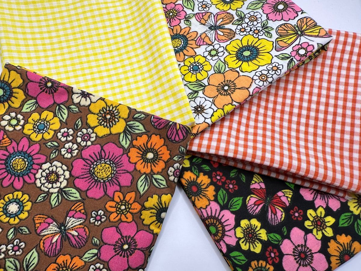 Retro Floral Butterflies &amp; Gingham Mix Fat Quarter Bundle Poly Cotton