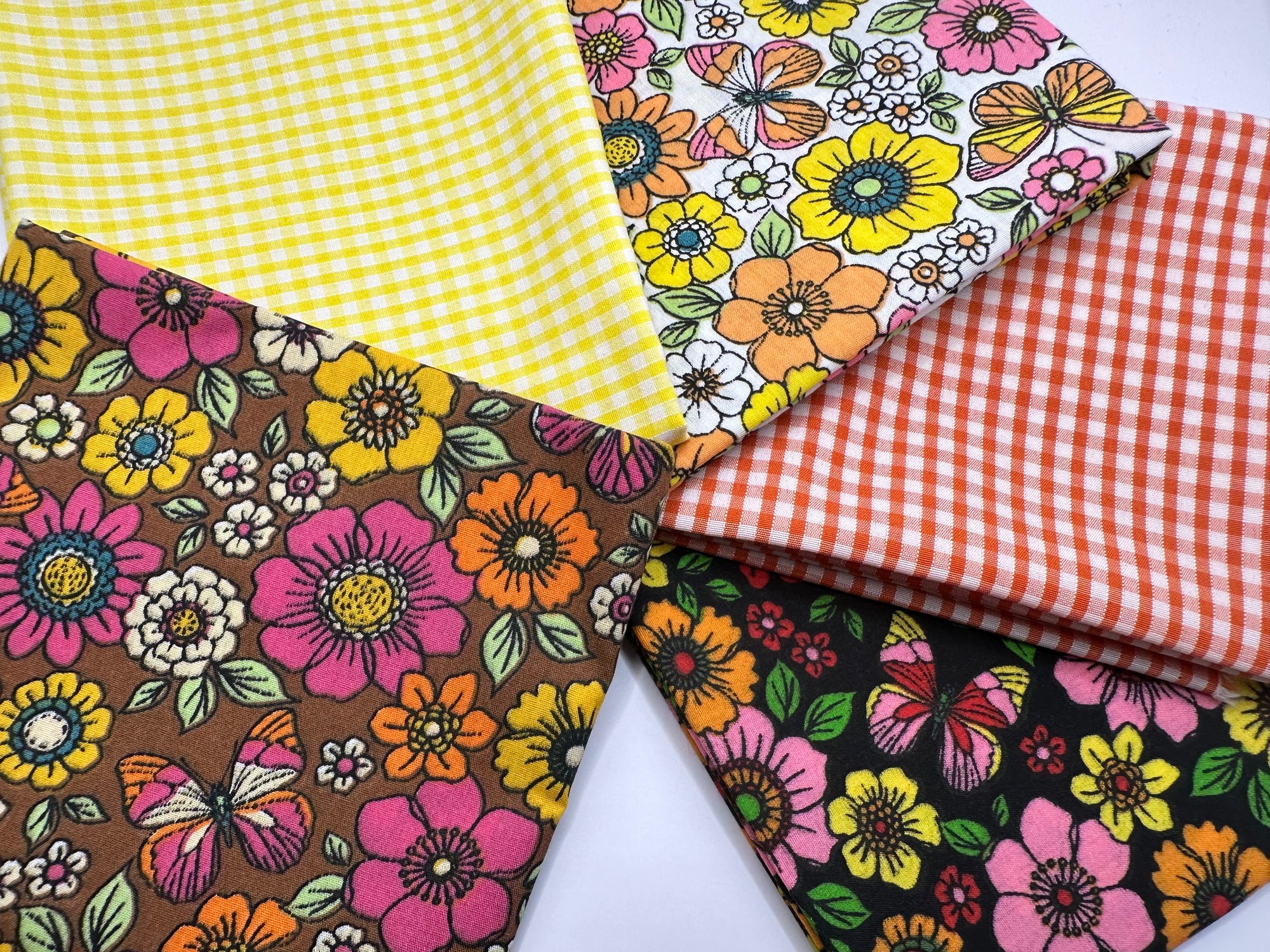 Retro Floral Butterflies & Gingham Mix Fat Quarter Bundle Poly Cotton