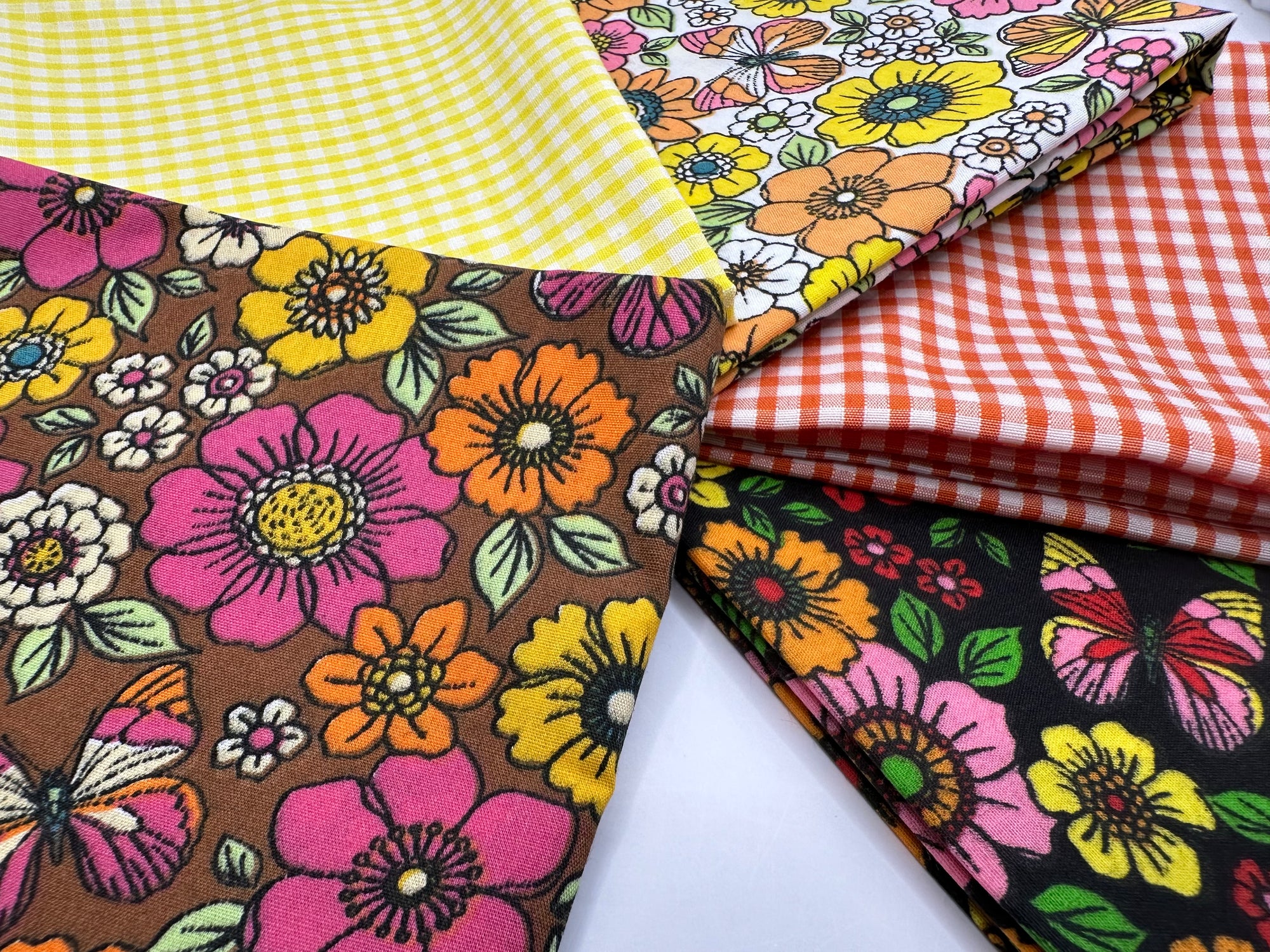 Retro Floral Butterflies & Gingham Mix Fat Quarter Bundle Poly Cotton