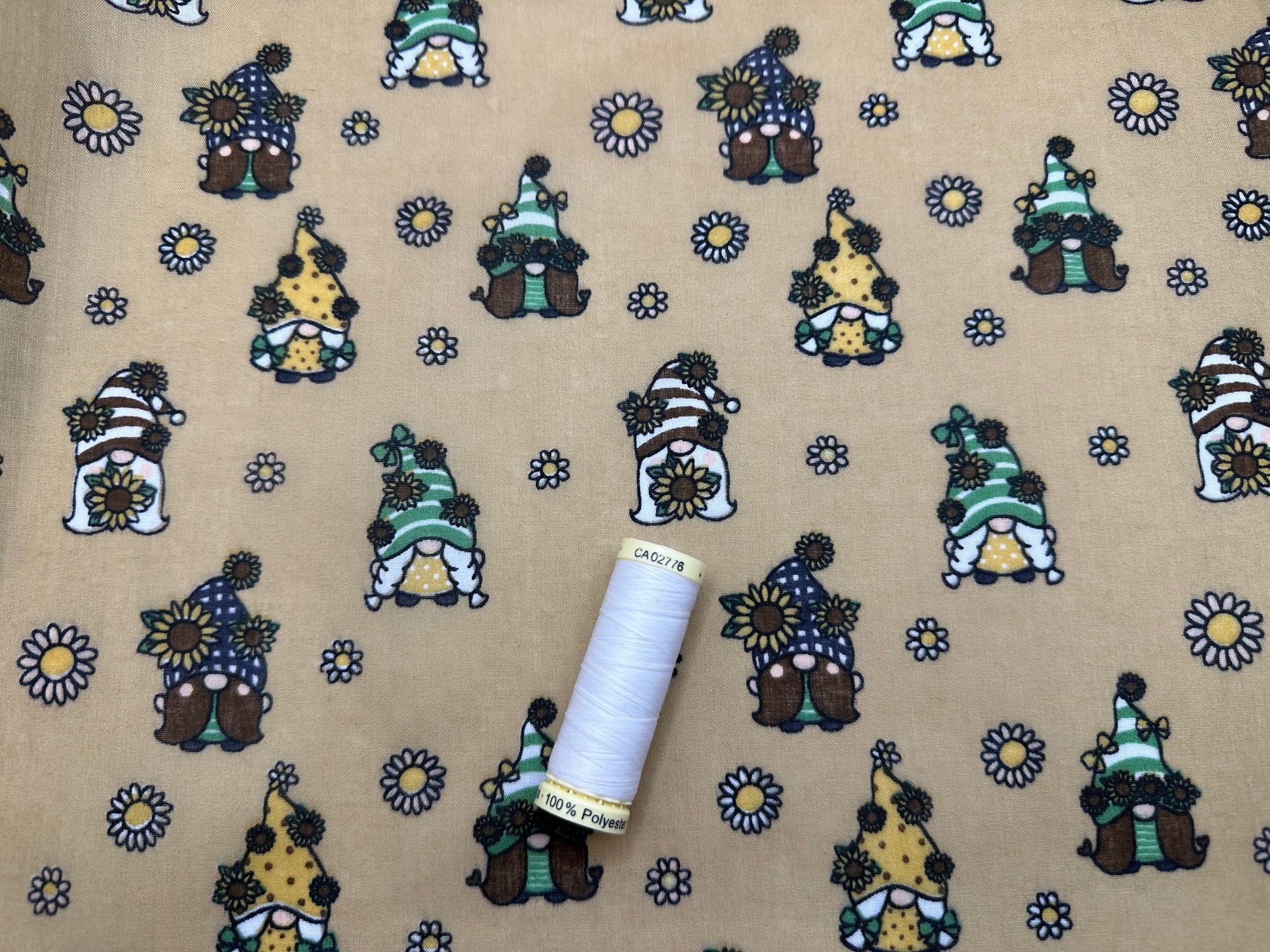 Gonks & Daisies on a Caramel Background Poly Cotton