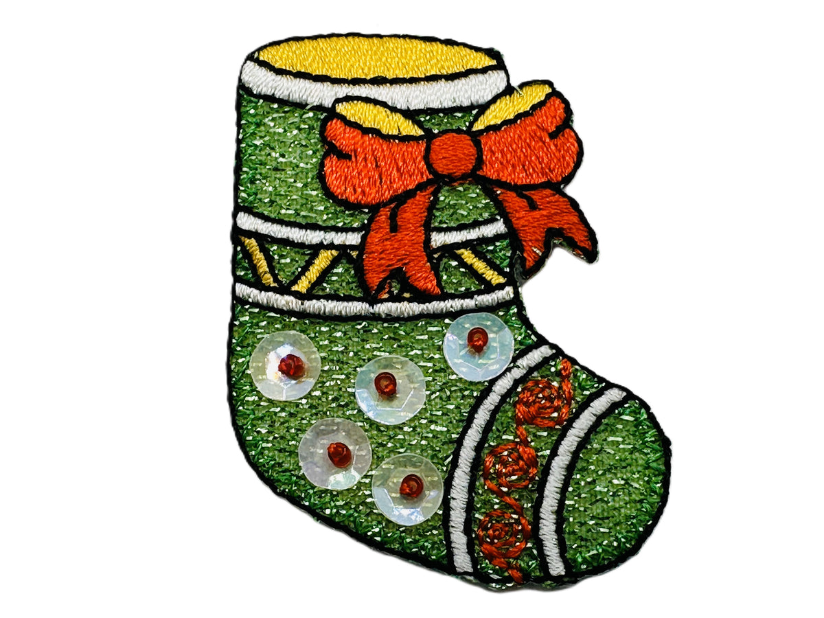 Christmas Sequin Stocking Iron On or Sew on Embroidered Fabric Motif