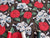 Skulls & Red Roses on a Black Background 100% Cotton