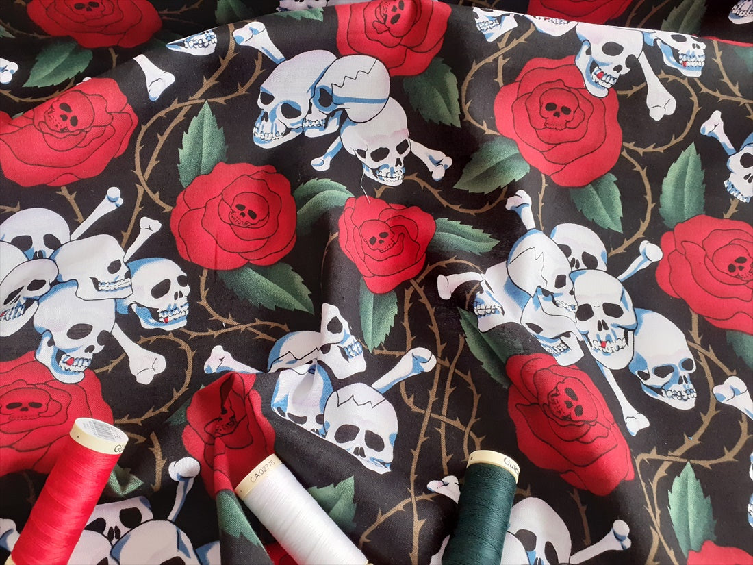 Skulls & Red Roses on a Black Background 100% Cotton