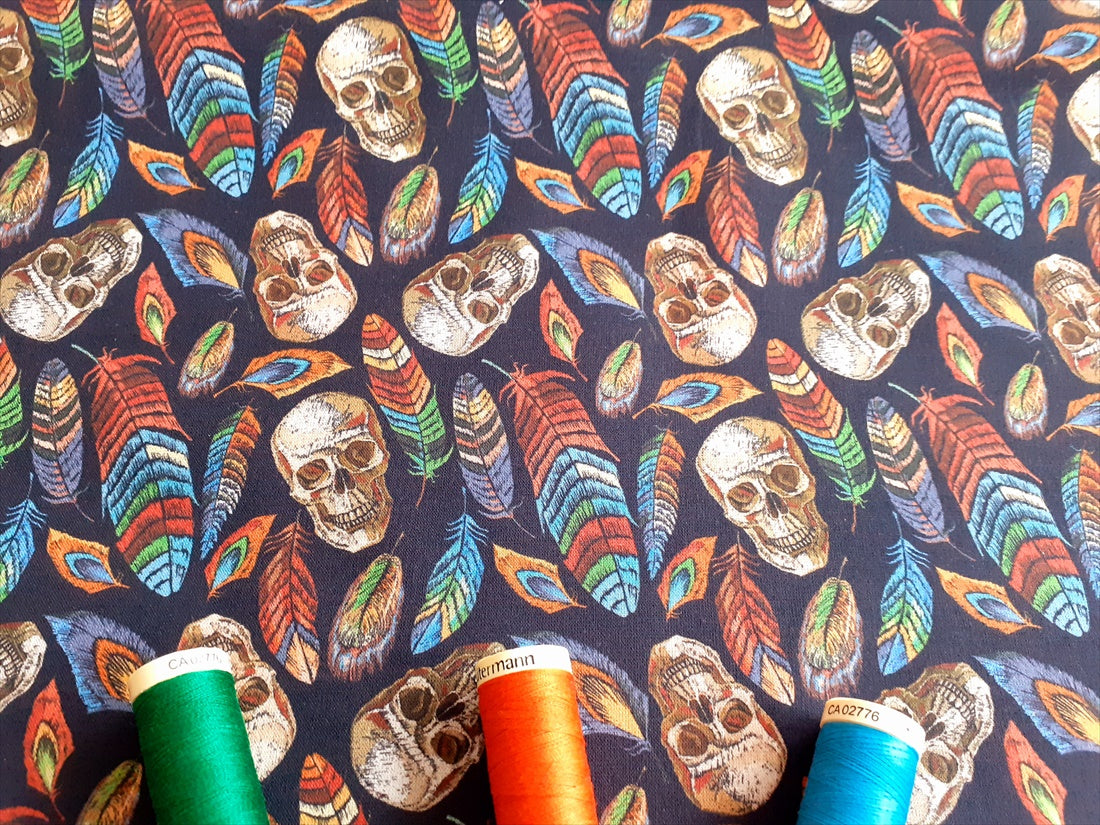 Skulls & Bright Feathers Digital Print on a Navy Background 100% Cotton