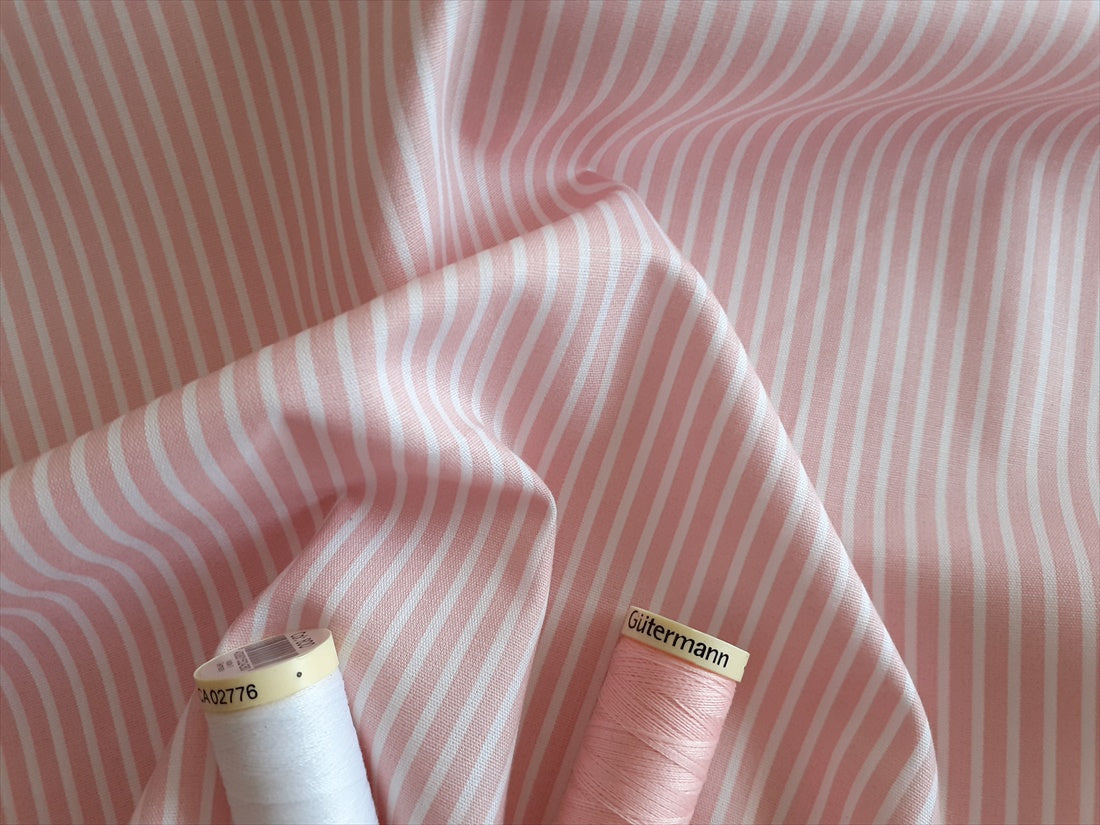 Candy Stripe 2mm White on a Pale Pink Background 100% Cotton