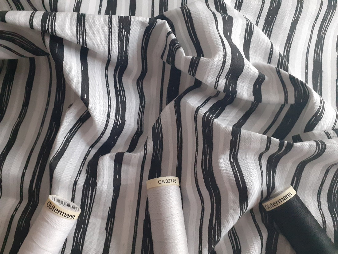 Safari Stripe Black Sliver Grey &amp; White 100% Cotton