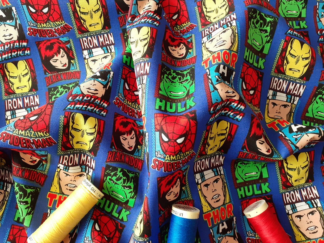 DC Comic Marvel Characters on a Royal Blue Background - Licensed 100% Cotton