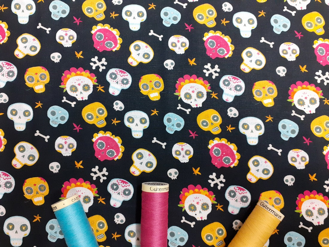 Day of the Dead Skulls on a Black Background Digital Print 100% Cotton