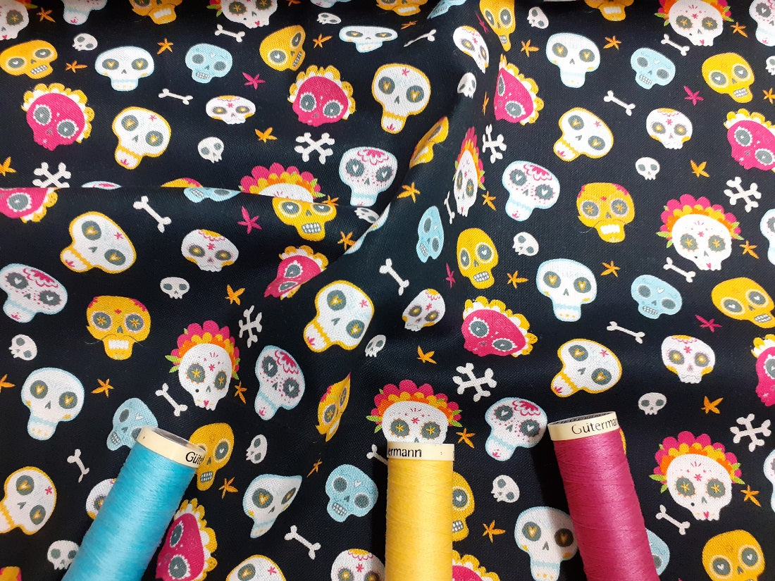 Day of the Dead Skulls on a Black Background Digital Print 100% Cotton