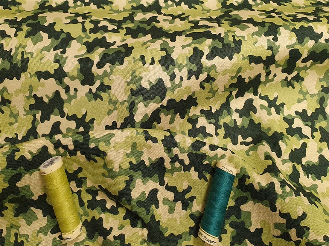 Camouflage Green Black &amp; Cream Digital Print 100% Cotton