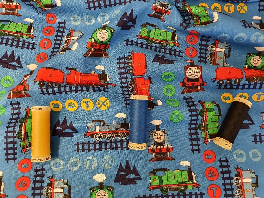 Thomas the Tank Engine &amp; Train Adventure on a Blue Background - Licensed 100% Cotton