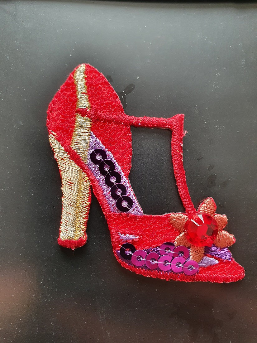 Fancy Stiletto Shoe Iron On or Sew on Embroidered Fabric Motif 4.5cm x 5.5cm