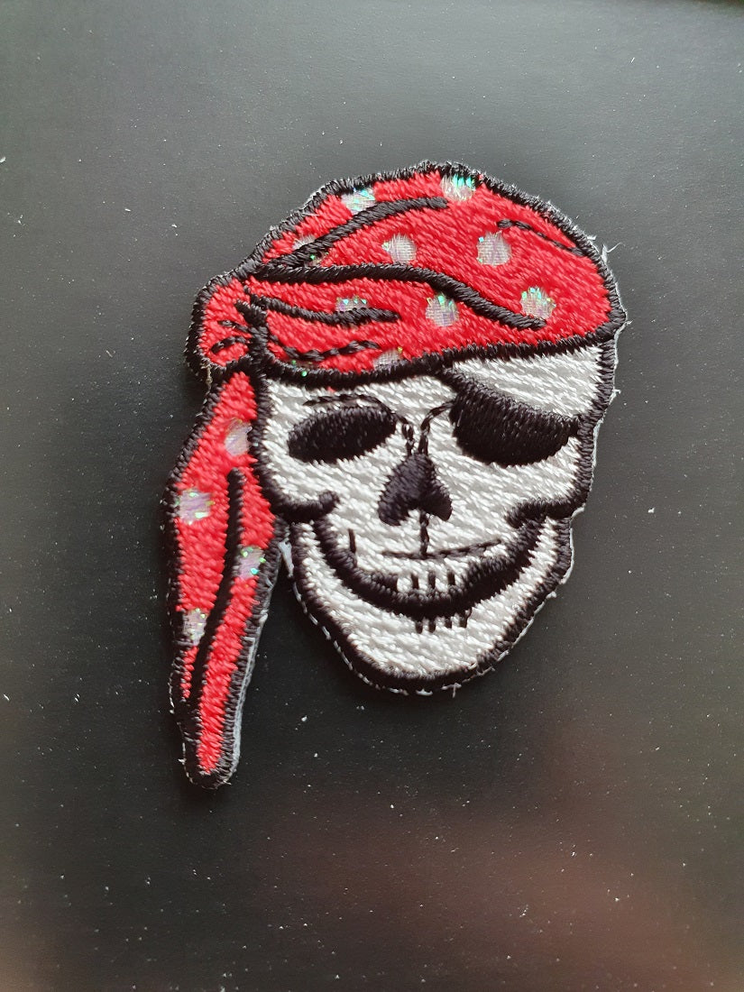 Pirate Skull Iron On or Sew on Embroidered Fabric Motif 3cm x 4cm