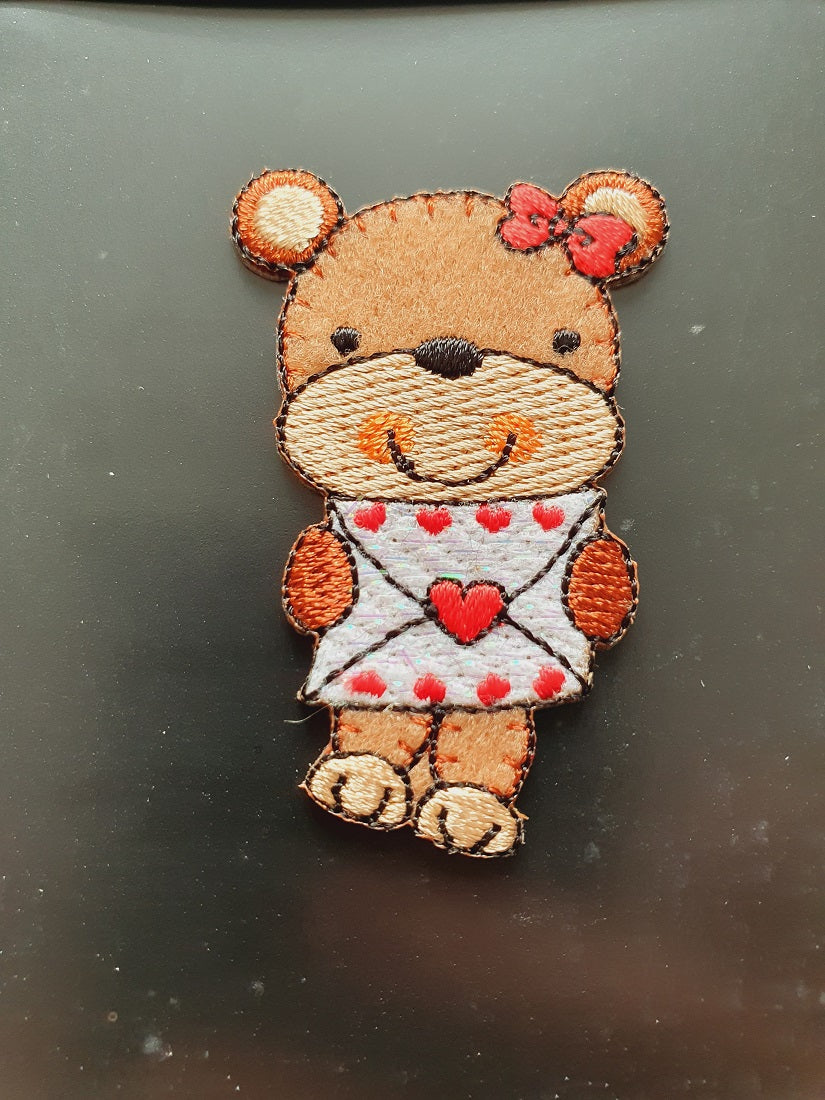 Cute Little Bear &amp; Love Letter Iron On or Sew on Embroidered Fabric Motif 3cm x 5cm