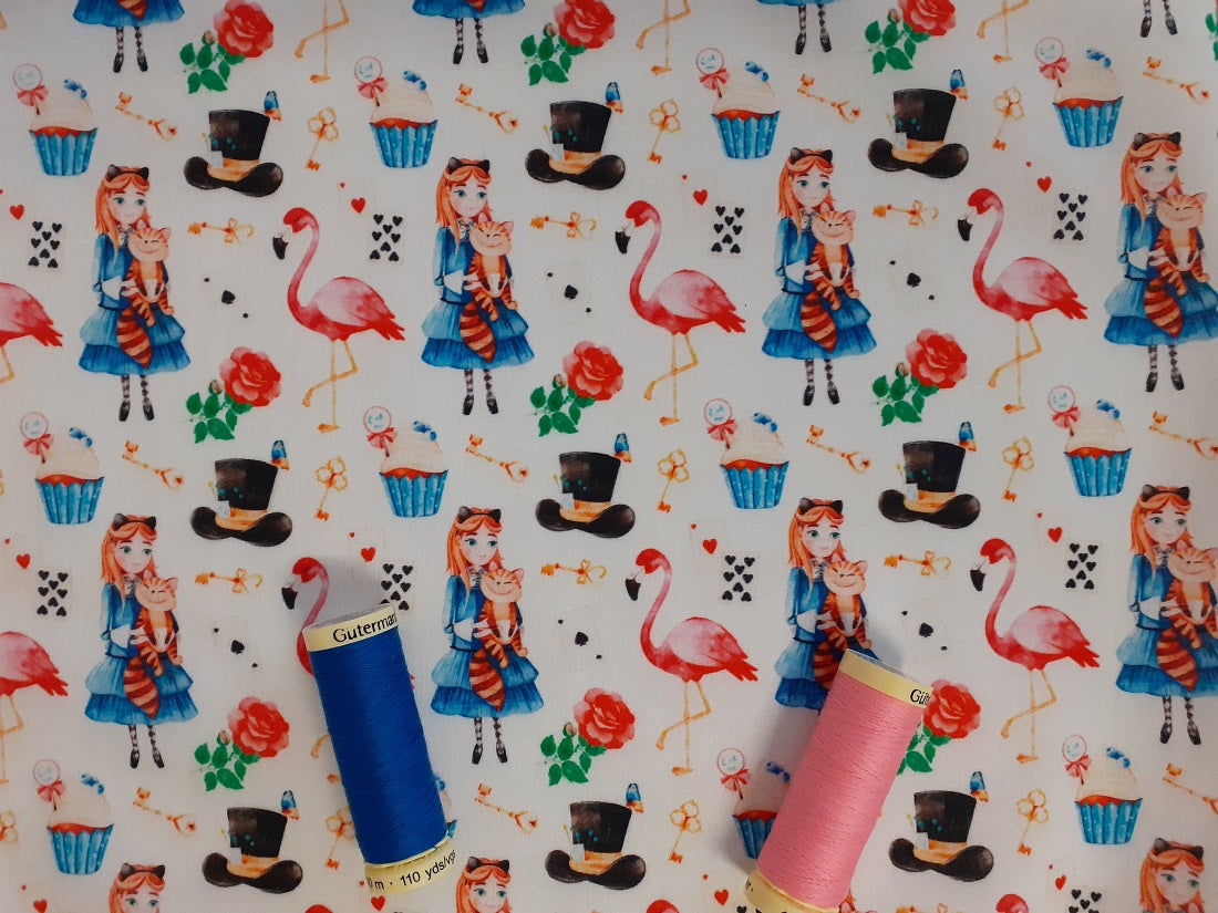 Alice in Wonderland & Pink Flamingos on a White Background Digital Print 100% Cotton Licensed