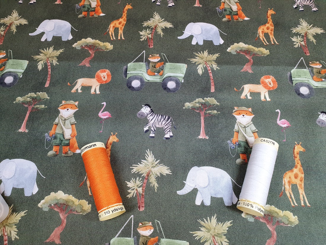 Mr Fox on Safari on a Khaki Green Background 100% Cotton